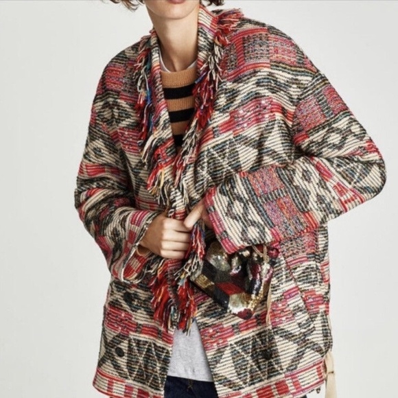 ZARA Basic Aztec southwestern Boho Fringe Sweater jacket 31771 - Picture 1 of 10